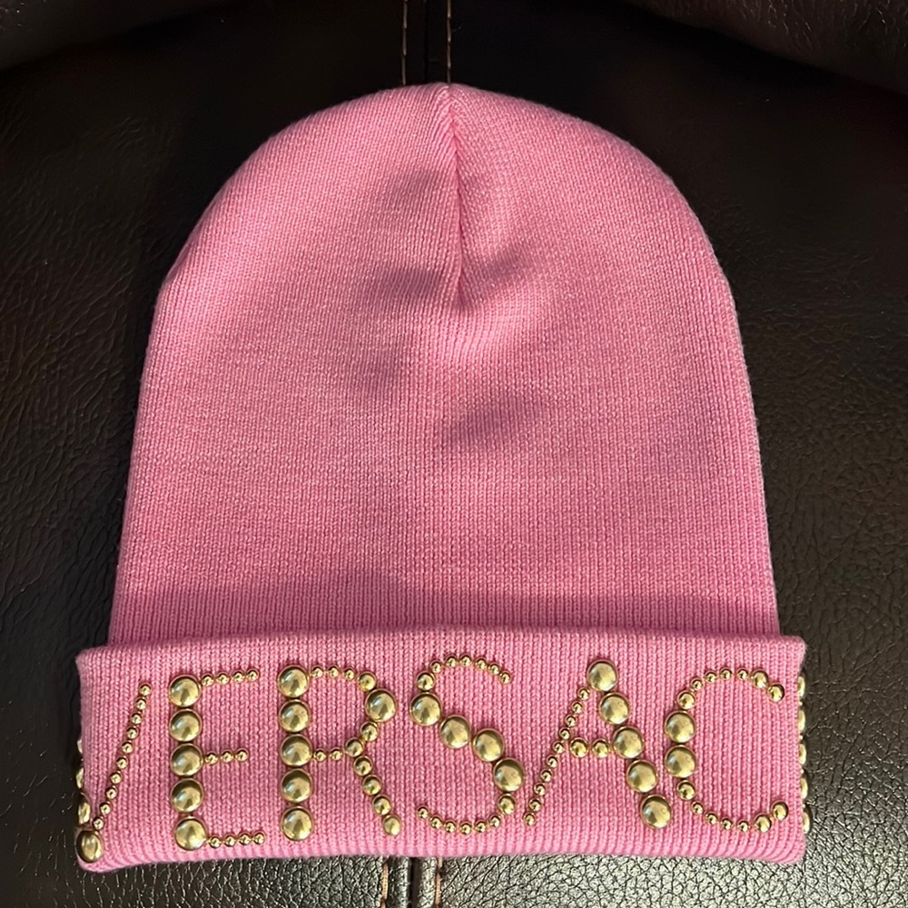 Versace unisex studded “Versace” logo monogram wool beanie hat NEW - Picture 4 of 7